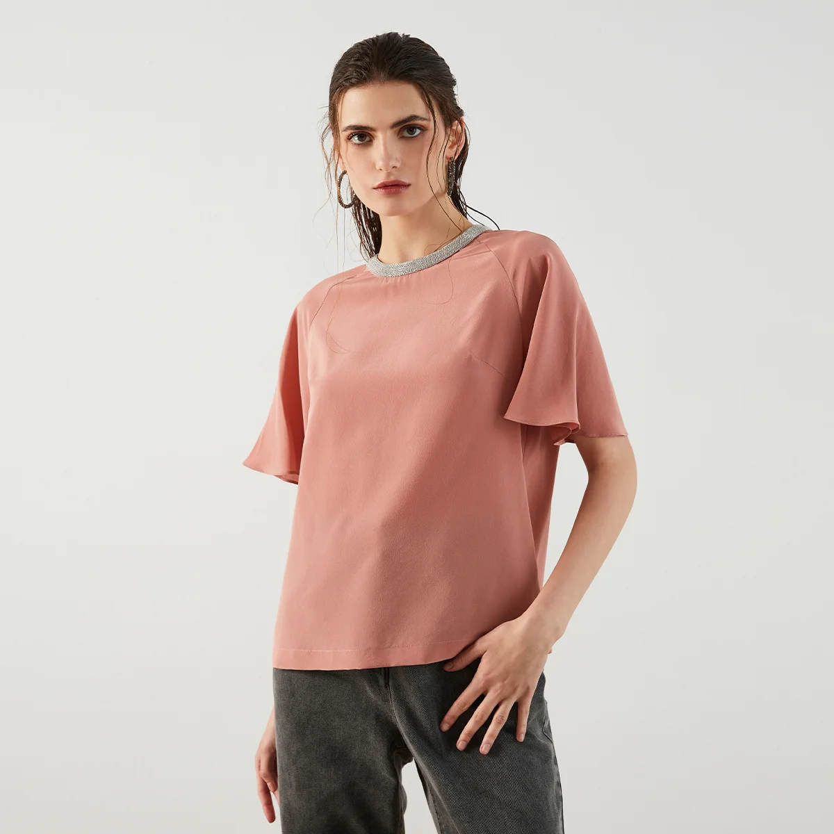 K1307W Round Neck Comfortable 100% Silk Women Tees Tops For Women Tee Shirts For Women Clothing