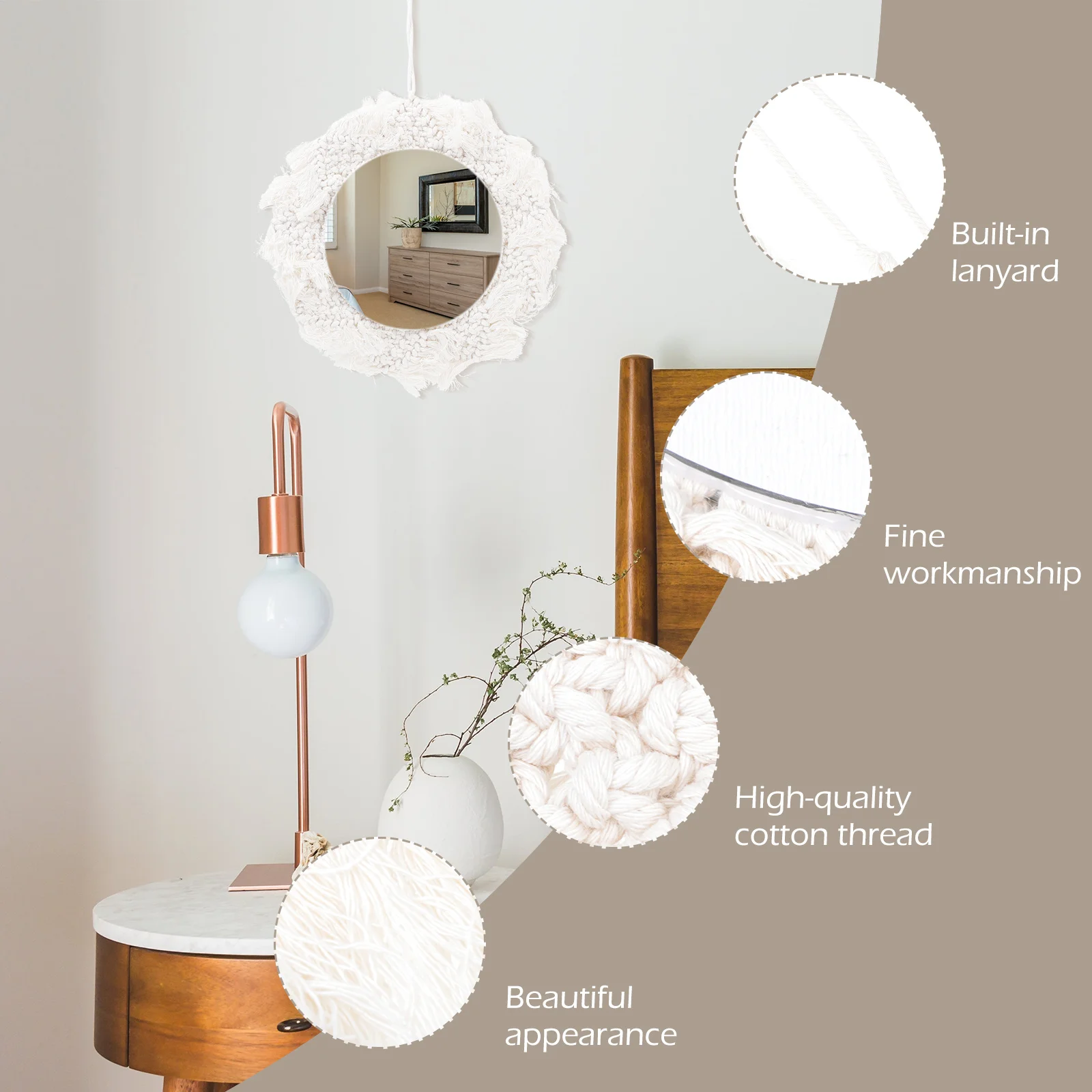 

Elegant Woven Tapestry Handmade Decorative Wall Art Mirror Bedroom Bathroom Cotton Thread Glass Home Ornament Minimalist