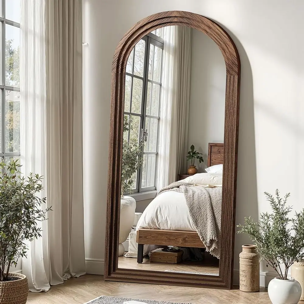 Rustic Solid Wood Arched Floor Mirror with Stand, 55x24 for Bedroom or Living Room, Brown