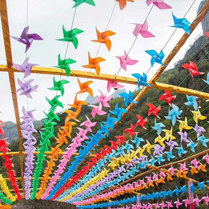 Moulins à vent décoratifs multifonctionnels en plastique, 100 pièces, avec corde de 30 mètres, décoration pour la maison, le jardin, l'intérieur et l'extérieur