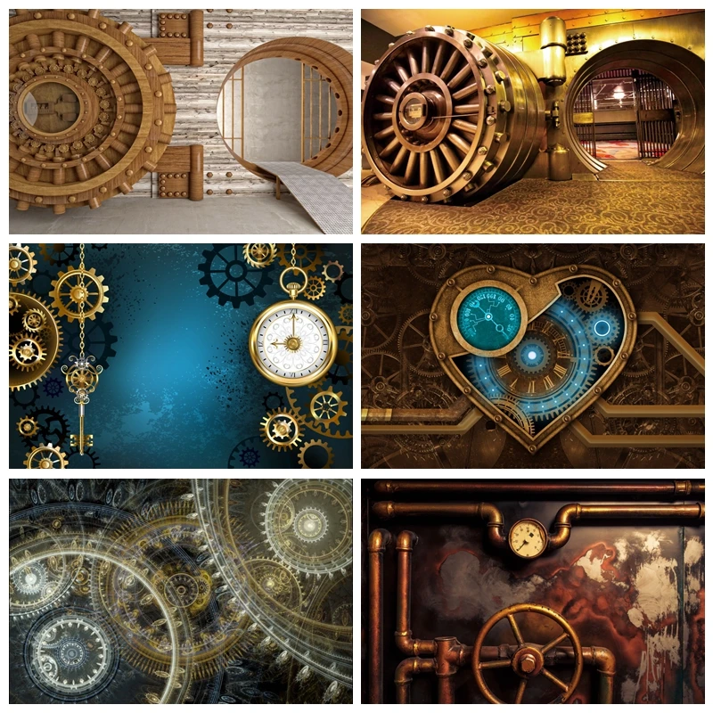 Antique Steampunk Photography Backdrop Retro Rusty Steam-Punk Machine Room Clock Industrial Background Photo Booth Props