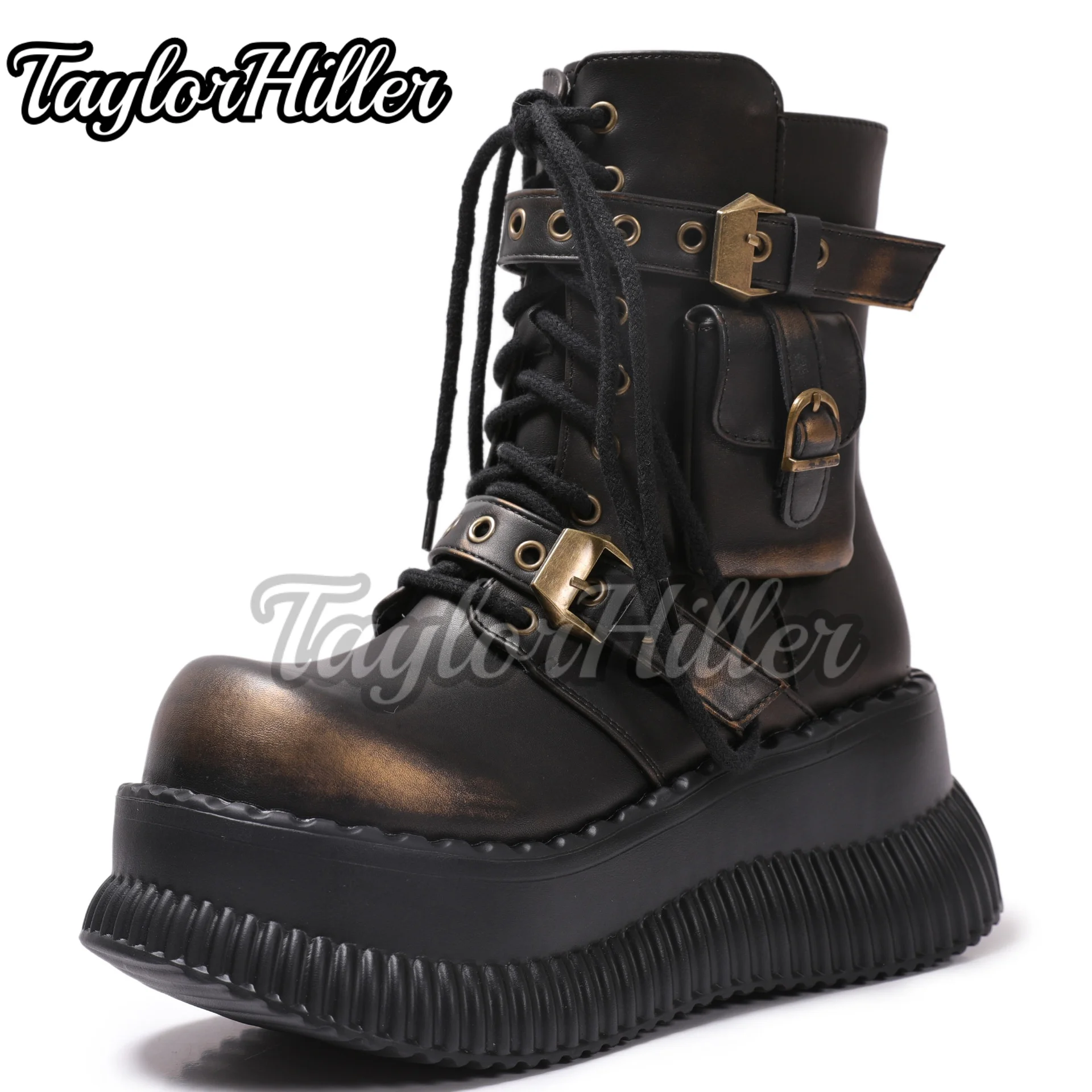 Rock Brown Mixed Color Boots Round Toe Botas Square Heel Belt Rivets Lace Up Shoes Autumn Winter Man Women Zapatos De Mujer 2025 view 5