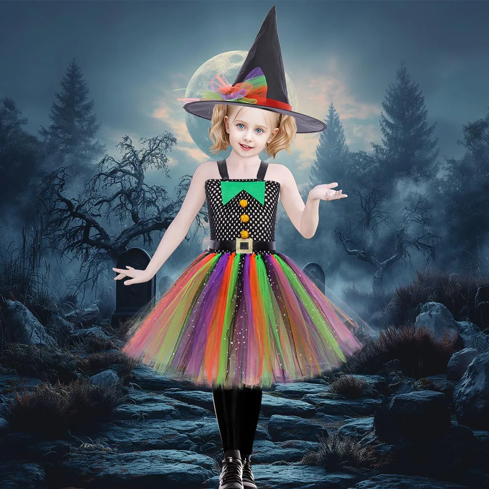 Colorful Witch Costume for Girls Halloween Fancy Dress Up Tutu Dresses Kids Carnival Party Dresses Children Rainbow Dress