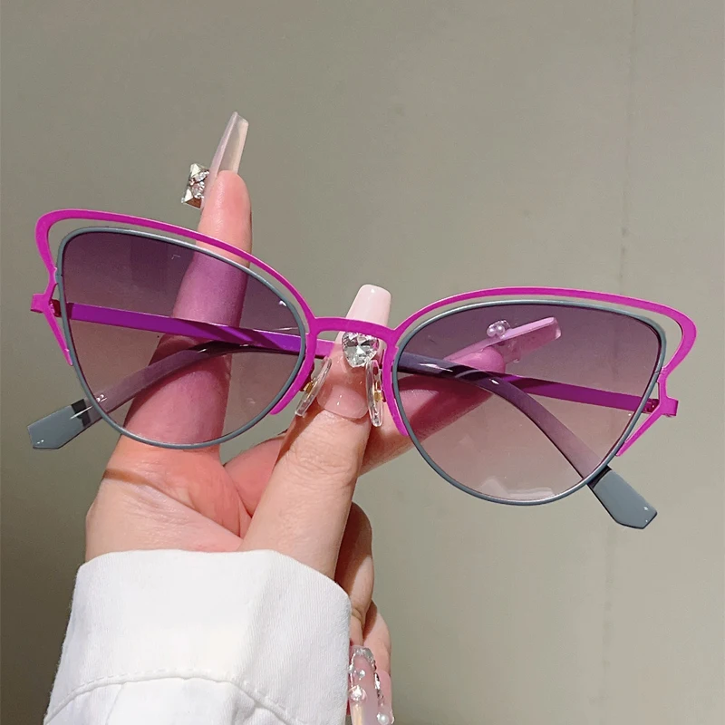 Gm lumias óculos de sol em forma de borboleta feminino aro oco olho de gato gradiente tons na moda vintage design de marca de luxo óculos de sol