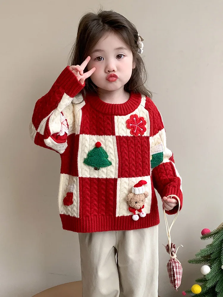 

Children's Red Christmas Sweater New Year Greeting Outfit Autumn Winter Baby Knitted Sweater Winter Warm Base Layer