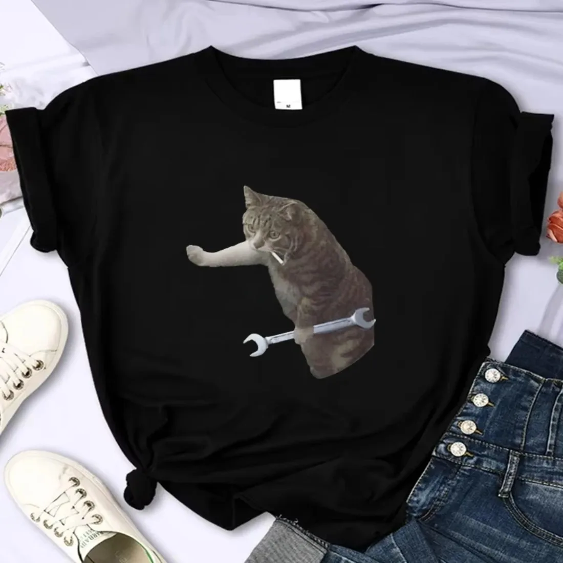 Funuy Women T-shirt Mechanical Cat Clothes Cute Cat Graphic Short Sleeved T Shirt Harajuku Summer Casual Female Clothing Top Tee