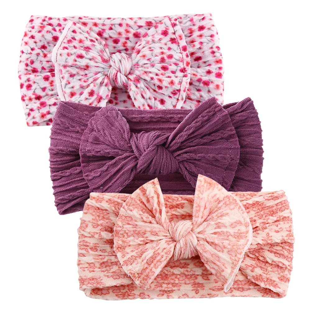 Ensemble de 3 bandes de sauna en nylon souple pour nouveau-né fille, nœud de cheveux, imprimé AndrFlower, haut nœud, haute élasticité, enveloppes tressées pour enfants