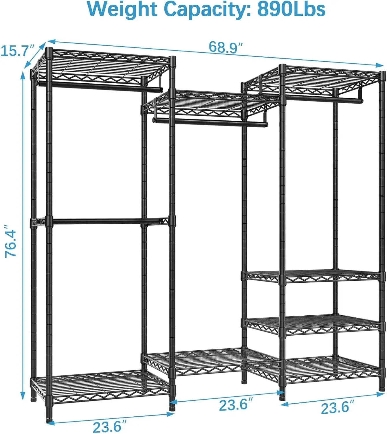 V5 draagbare kast kledingkast, zwaar kledingrek, vrijstaand kledingrek met 4 hangstangen en 8 planken, verstelbare kast