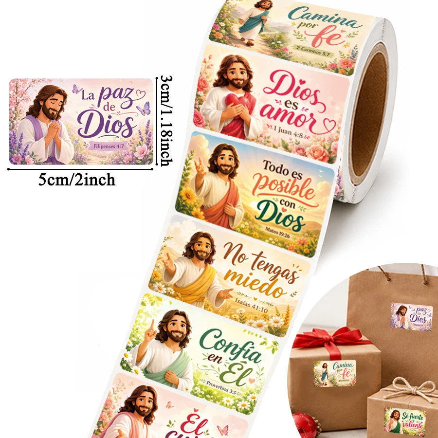 200 Pcs Spanish Jesus Bible Verse Stickers Roll, 10 Designs Christian Faith Quote Labels, Self Adhesive Inspirational Stickers