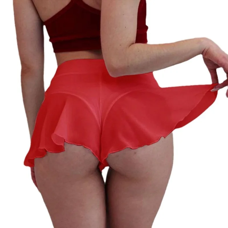 Falda corta transparente con borde de volantes de cintura alta para mujer, Mini pantalones cortos plisados ajustados para Fitness, lencería Sexy