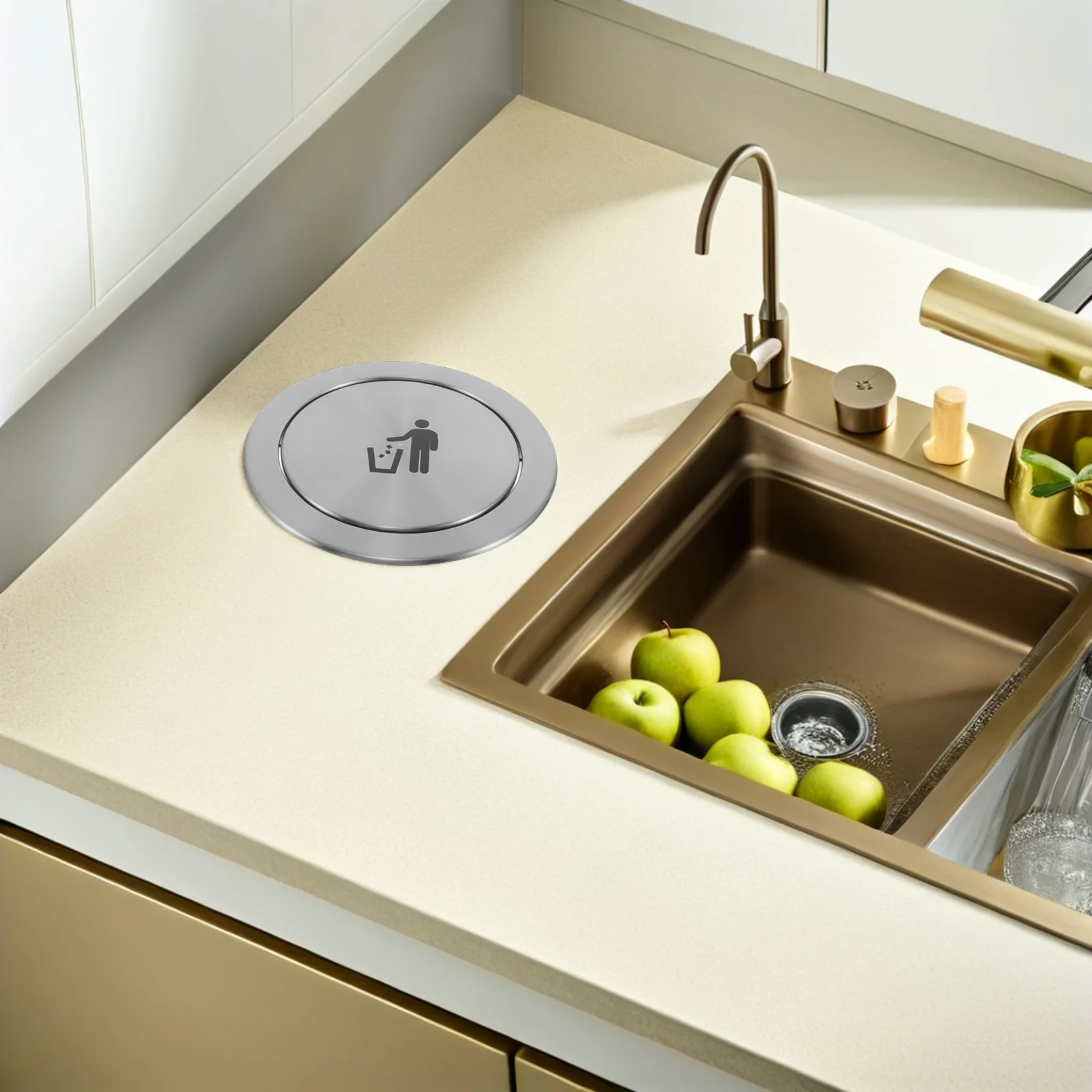 

Drop-in Countertop Trash Bin Lid Stainless Steel Embedded Swing Top for Kitchen Bathroom Modern Recessed Waste Chute Cover