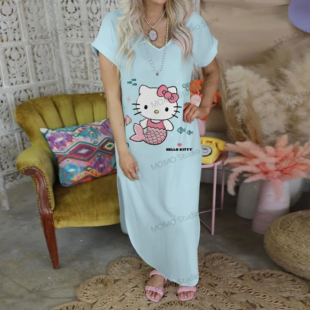 Hello Kitty Long Dresses V-neck Robe Sexi Clothes for a Woman Elegant Gowns Lovely Kawaii 2024 Streetwear S-2XL Fashion Party