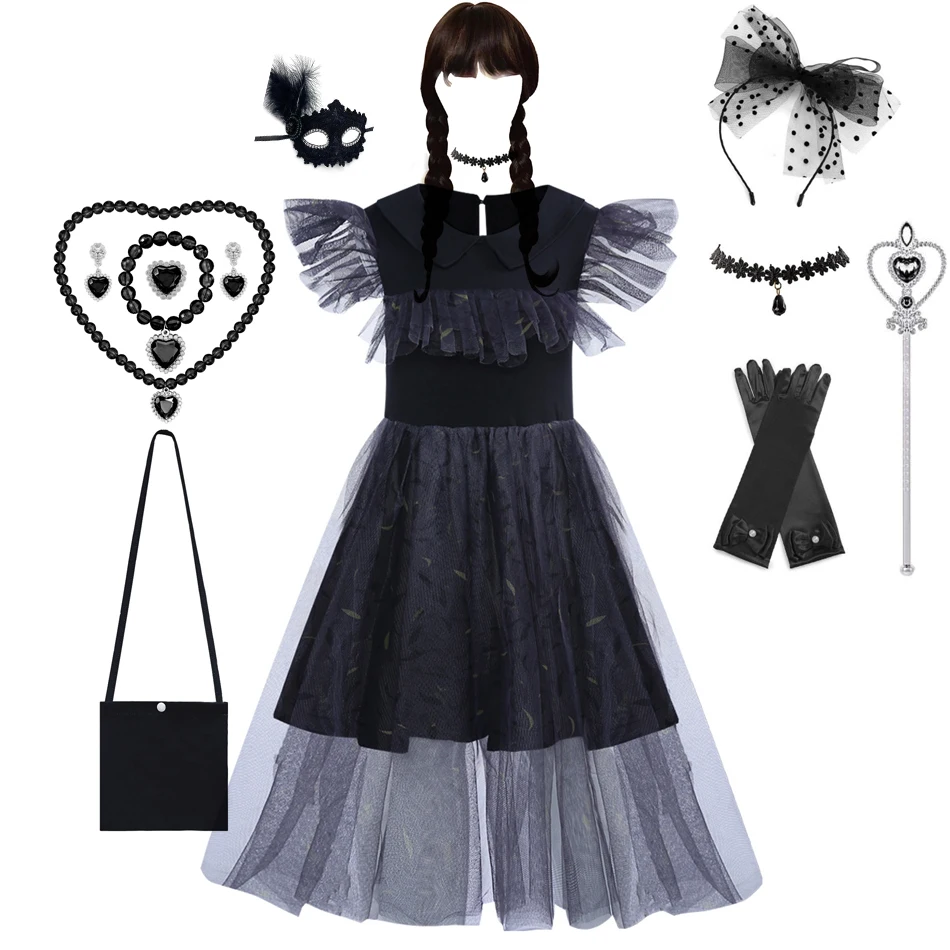 Kids W-Wednesday Dress Baby Princess Costume Birthday Ruffles Clothes Girls Addams Dance Gown Cosplay Disguise