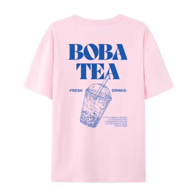 Women Retro Aesthetic Back Print Boba Tea T-Shirt Cute Bubble Tea Graphic Tees Foodie T Shirt Unisex Loose Vintage Fashion Tops