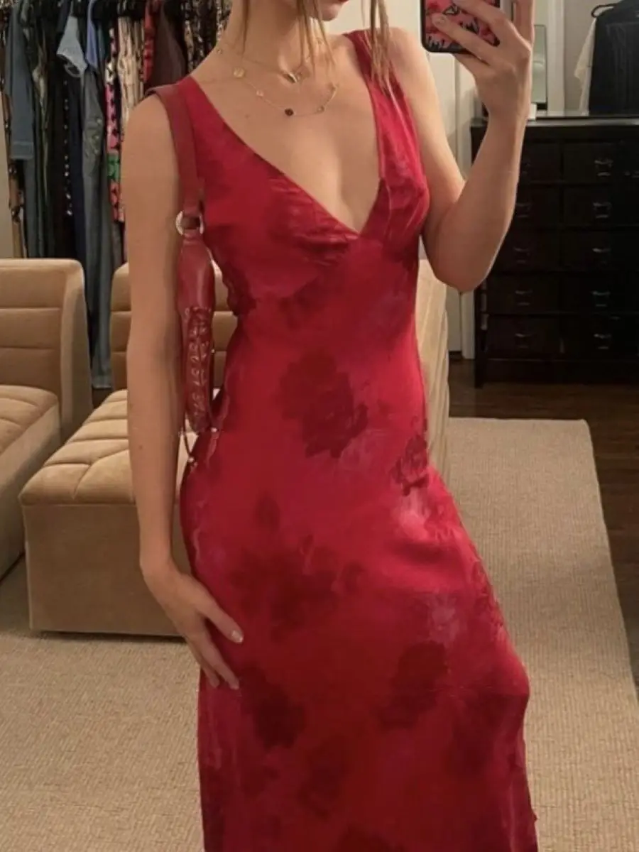Double Layered Silk Women Vest Dress Red Floral Print V-Neck Sleeveless High Waist Elegant Slim Robe
