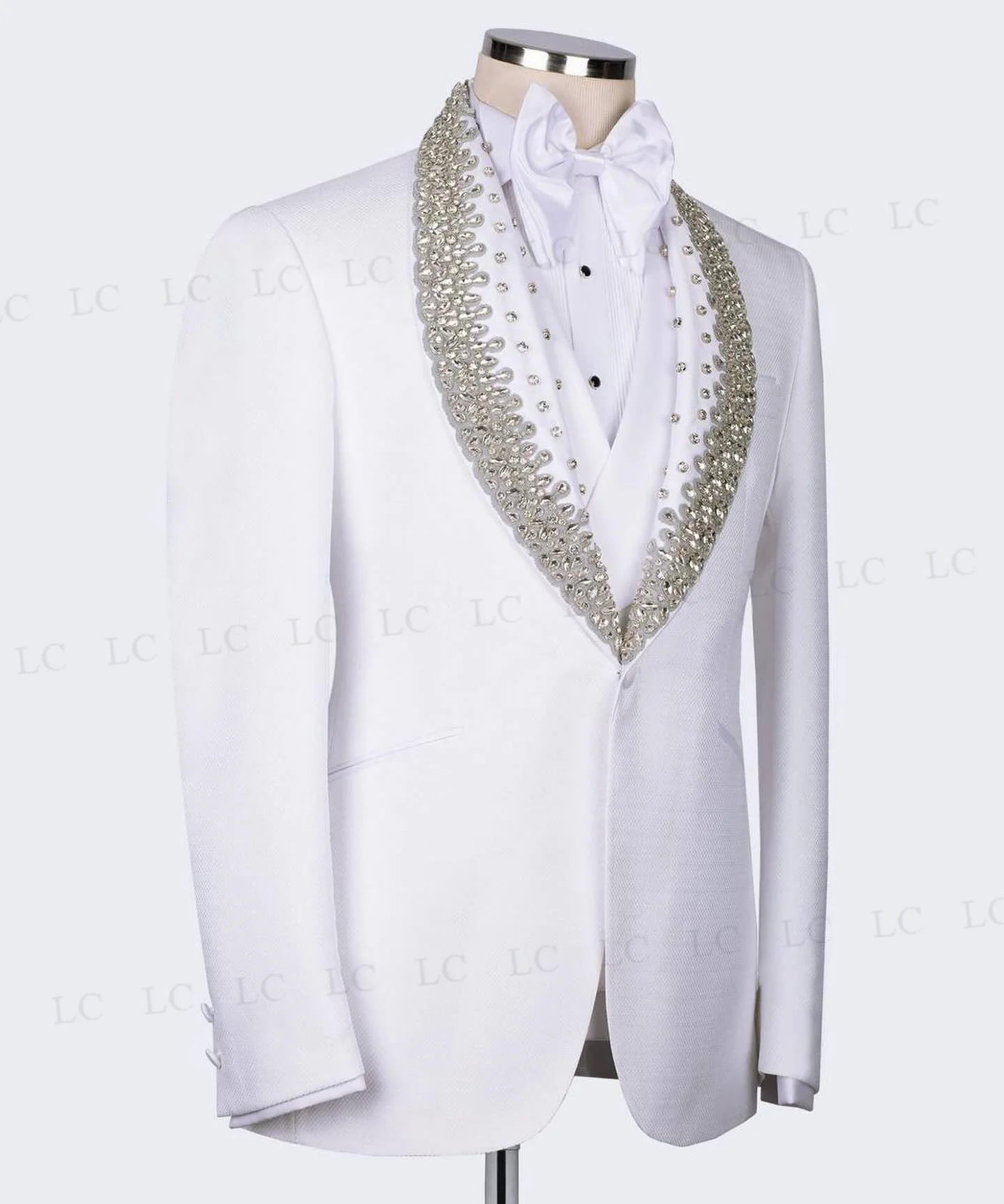 White 3 Pieces Silver Diamonds Crystals One Button Men Suits Tuxedo Beadings Fashion Prom Wedding Groom Plus Size Custom Made