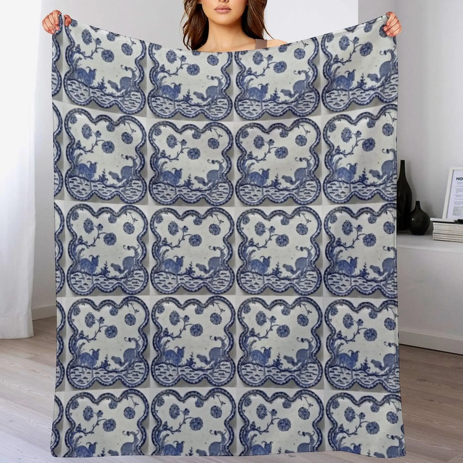 

Blue Tilework Throw Blanket Multi Use Warm Blanket for Living Room Bedroom