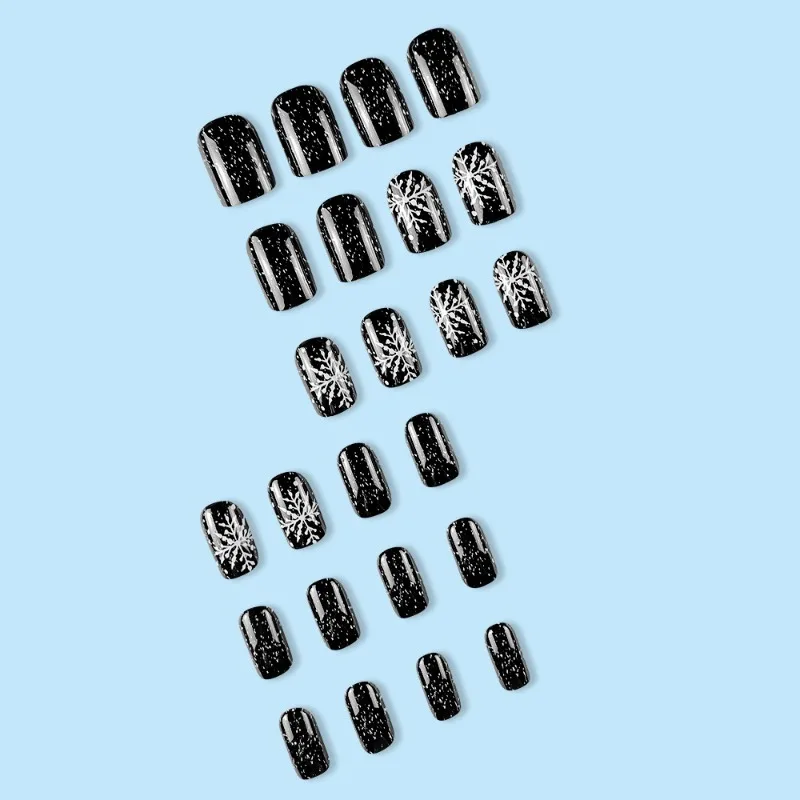 Pressione em acrílico unhas falsas com cola, simples unhas falsas, Natal, preto, branco, floco de neve, curto, quadrado médio, barato, 24pcs