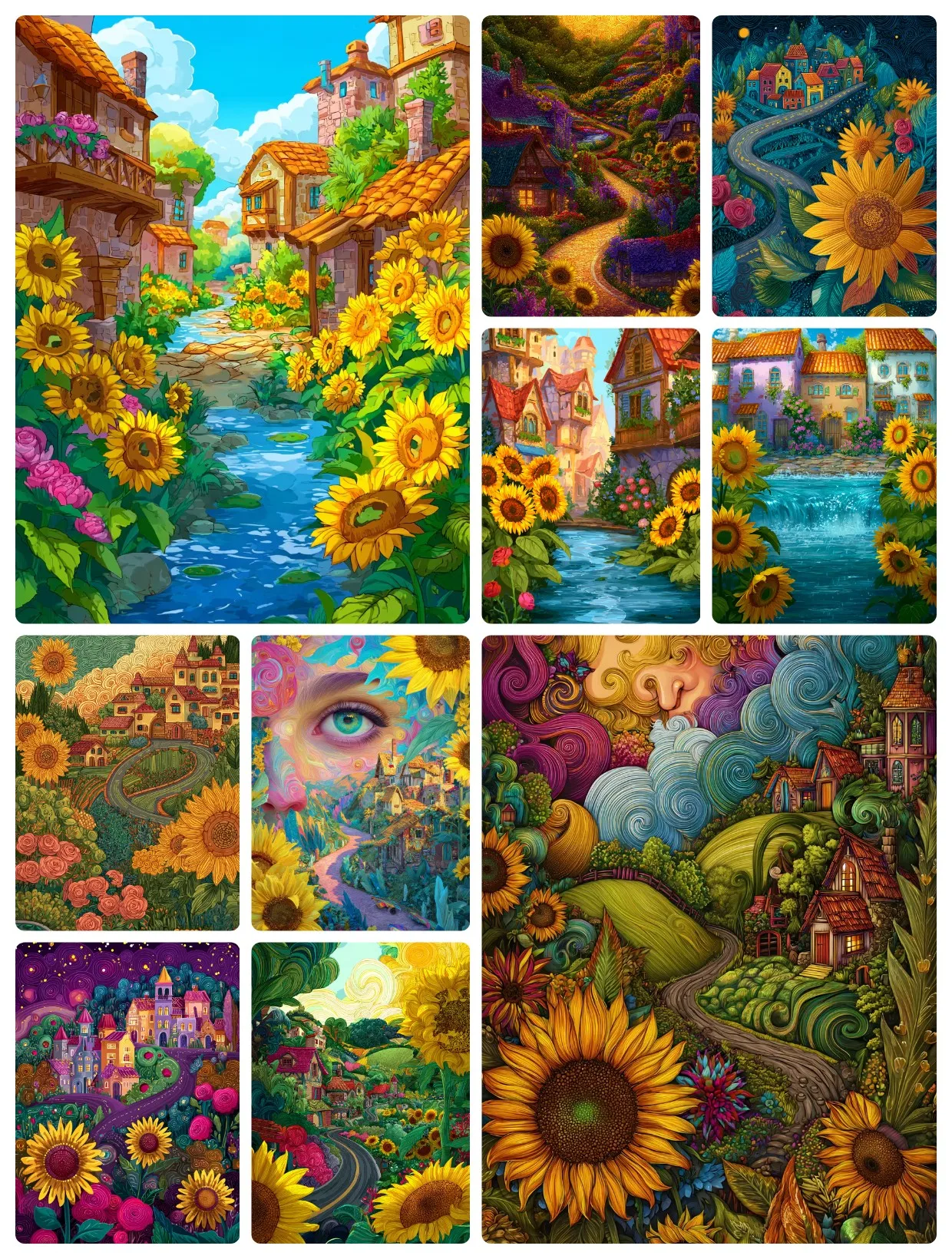 Diamond Painting Kit Fairytale Village Sunflower Stream Cottage Fantasy Nature Scene DIY Hand Craft Home Decor