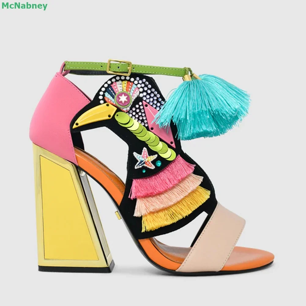 Multi-element Composition Colorful Sandals Chinese Style Design  Peep Toe Square Heel Ankle Buckle Strap Fashion Women Shoes