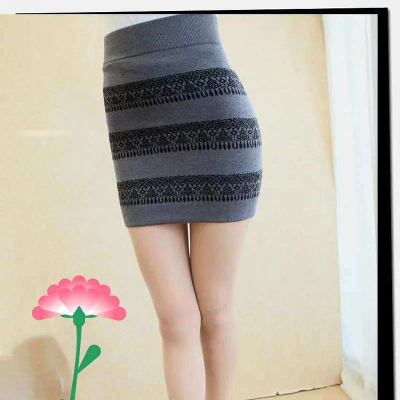 Boho Women Gray Knitted Pencil Skirt High Waist Mini Skirt with Tribal Pattern Stripes Stretchy Fitted Skirt Sexy Holiday Girl