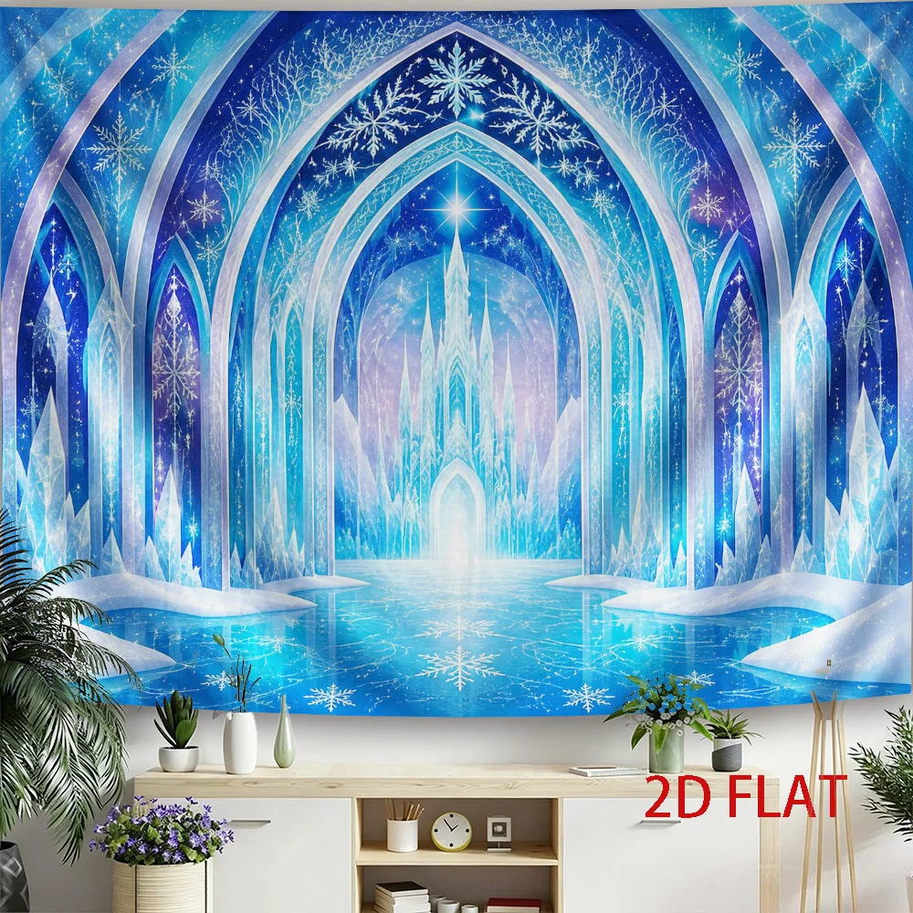 Ice Castle Tapestry, Blue Snowflake Palace Wall Hanging, Winter Wonderland Art, Frozen Theme Decor, Fantasy Bedroom Backdrop