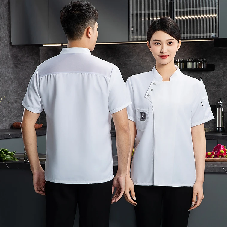 Unisex chef uniform jacket short sleeve chef T-shirt restaurant coat Bakery Food Service Breathable Cooking chef clothes logo