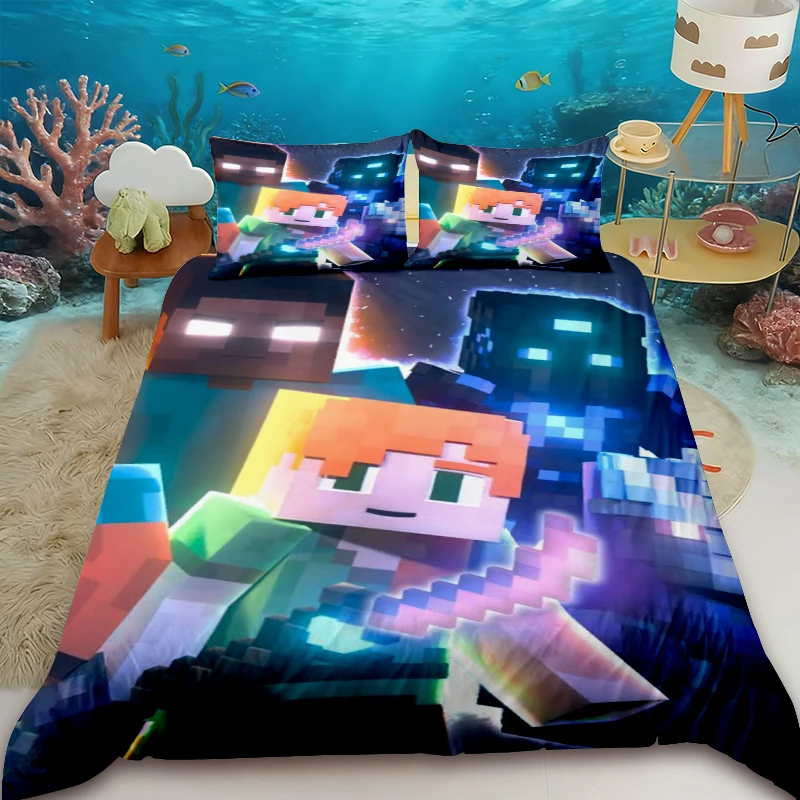

Minecraft Duvet Cover Cartoon Game Quilt Cover Bedding Set Queen King Size with 2 Pillocase Bedroom Home