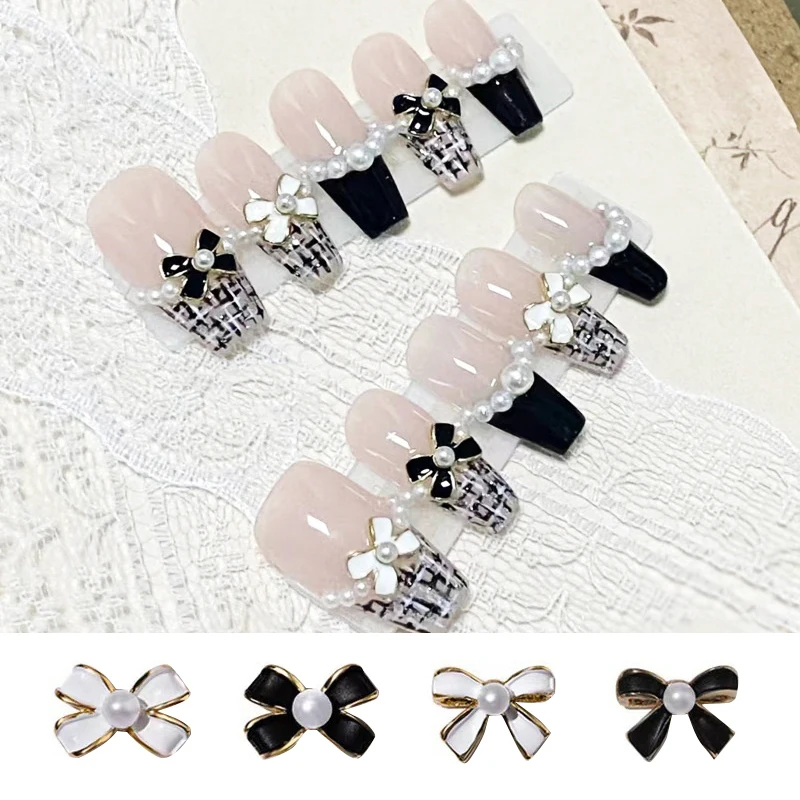 Black/White French Bow Nail Charms DIY Pearl Alloy Nails Jewelry 3D Elegant Bowtie Metal Manicure Decoration