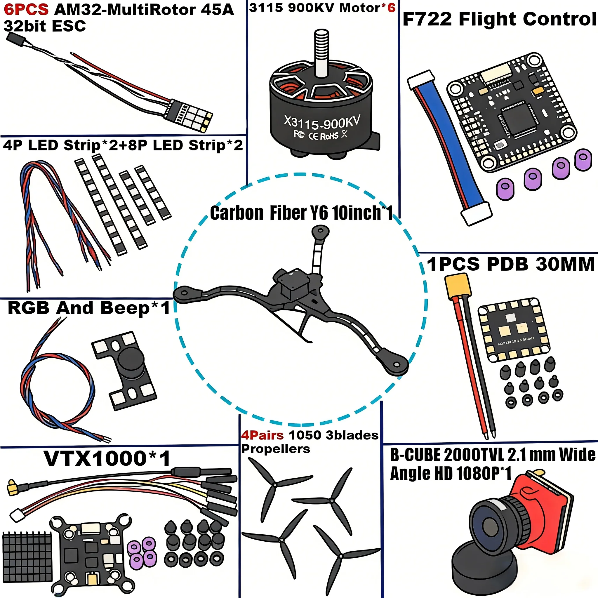 

Трехосевая рама DroneHub Y6 из углеродного волокна для FPV-дронов F450, F722, INAV, BF