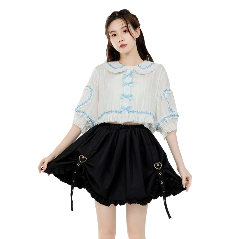 

Lolita Fashion Women Blouse Girl Japanese Kawaii Lace Bow Crop Top Peter Pan Collar Shirt Lantern Sleeve Button Up White Blouses