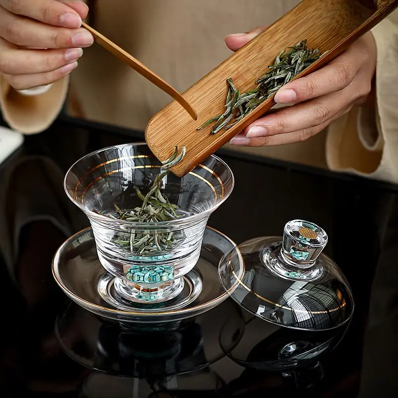 Crystal Turquoise Transparent Glass Three Talents Gold-Painted Cover Bowl Set Single Tea Bowl Light Luxury Tea Set Tea Bowl