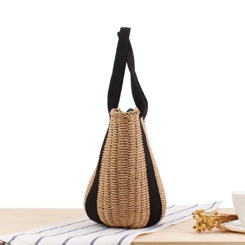 28x22CM Handbag Bucket Woven Bag Hand Carry Black Webbing Straw Bag Summer Vacation Photo Beach Bag a7222