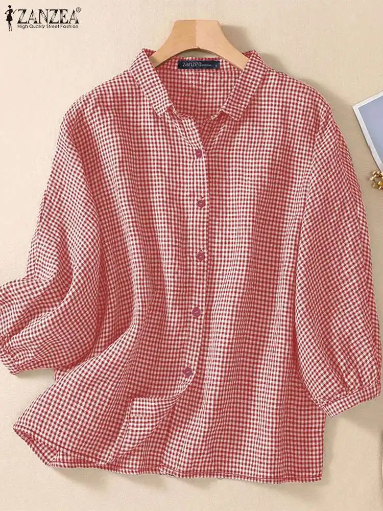 ZANZEA Elegant 3/4 Lantern Sleeve Work Shirt Autumn Women Blouses Casual Buttons Down Tops Vintage Checked Printed Blusas Femme