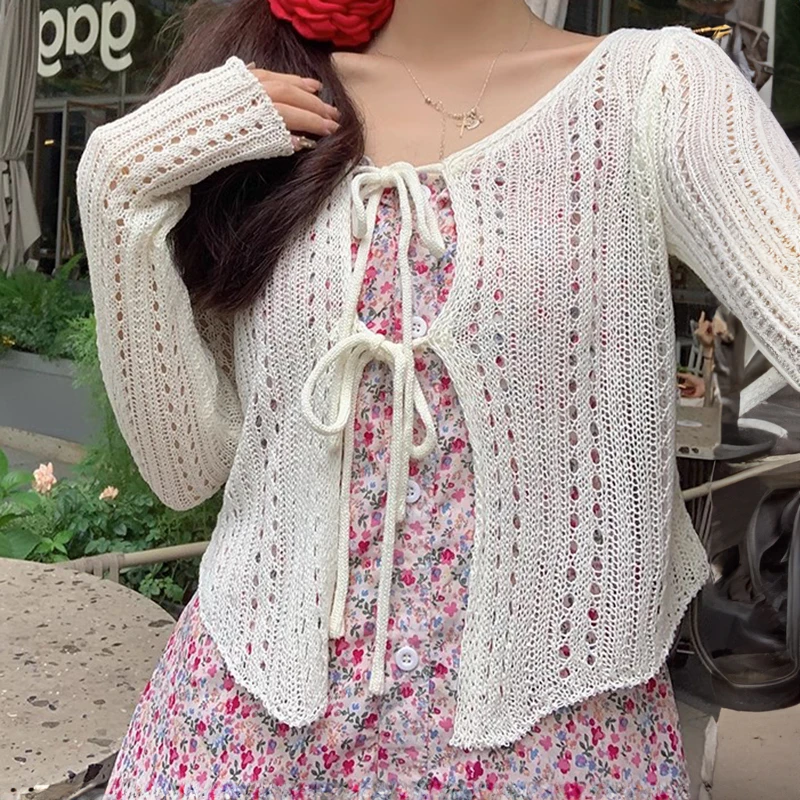 Long Sleeve Crochet Tie Front Top Women Sheer Open-knit Cardigan Sweater Summer Cover Up Fairycore Outfit