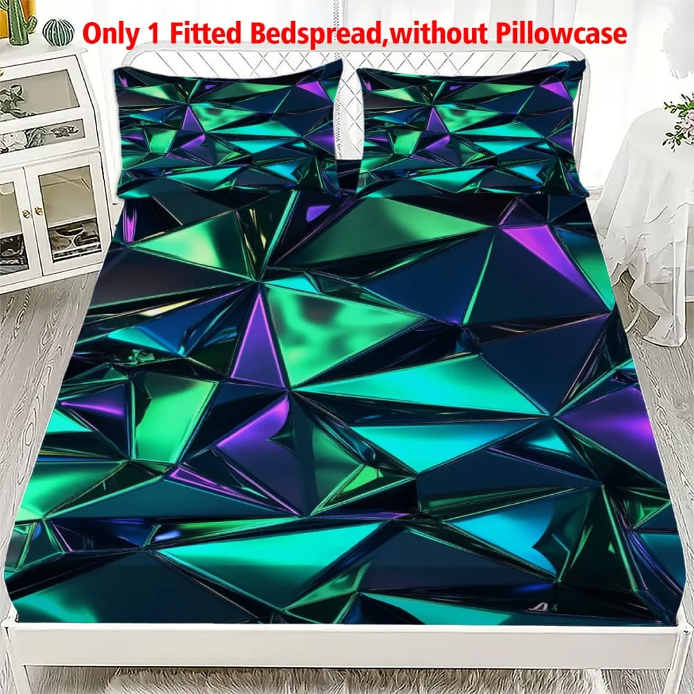 1pc Green 3D Geometric Polygon Print Fitted Sheet Deep Pocket Elastic Mattress Cover Single Double Queen King Bedroom Decor