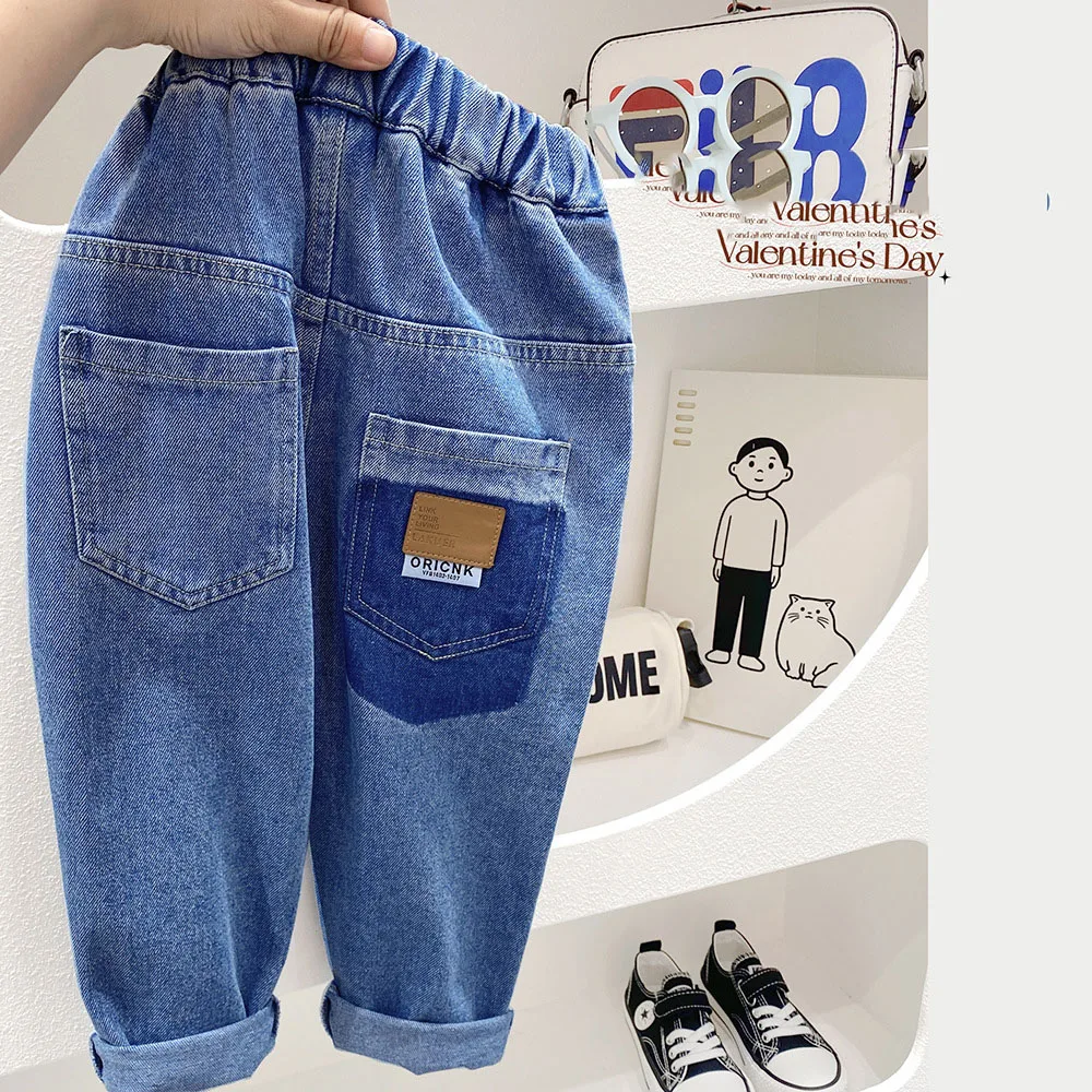 New Spring Autumn Students Boys Jeans Elastic Waist Pstchwork Children Boys Denim Pants Casual Loose Comfortable Kid Boys Pants