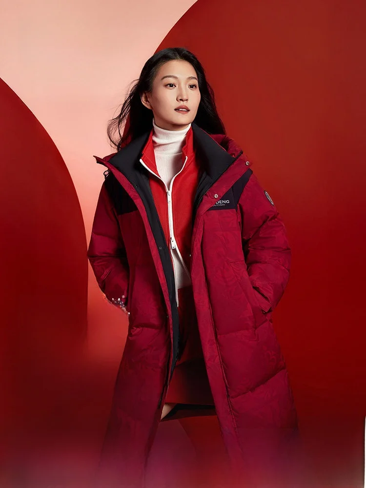 

Red down Jacket Women's Bosideng New Year Loose Fit Mid-Length Warmth Street Style Duck down Coat for City Casual Winter Wear