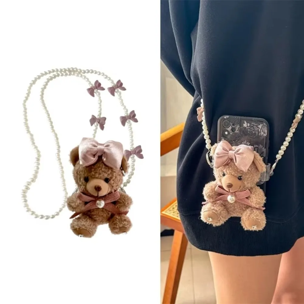 Chaveiro de urso de pelúcia marrom feito à mão boneca de pelúcia urso telefone clipe traseiro arco doce macio fluff animal de pelúcia chaveiro saco pingente