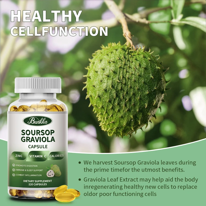 BUNKKA Soursop Graviola Leaf Extract Capsules 2000mg Vitamin C Zinc Skin Immune Digestion Health Sleep Quality Blood Pressure