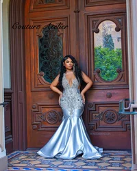 Blue Satin Prom Dresses For Blackgirls Rhinestones 2026 Wedding Queen Elegant Birthday Dress Luxury Mermaid Gala Customized