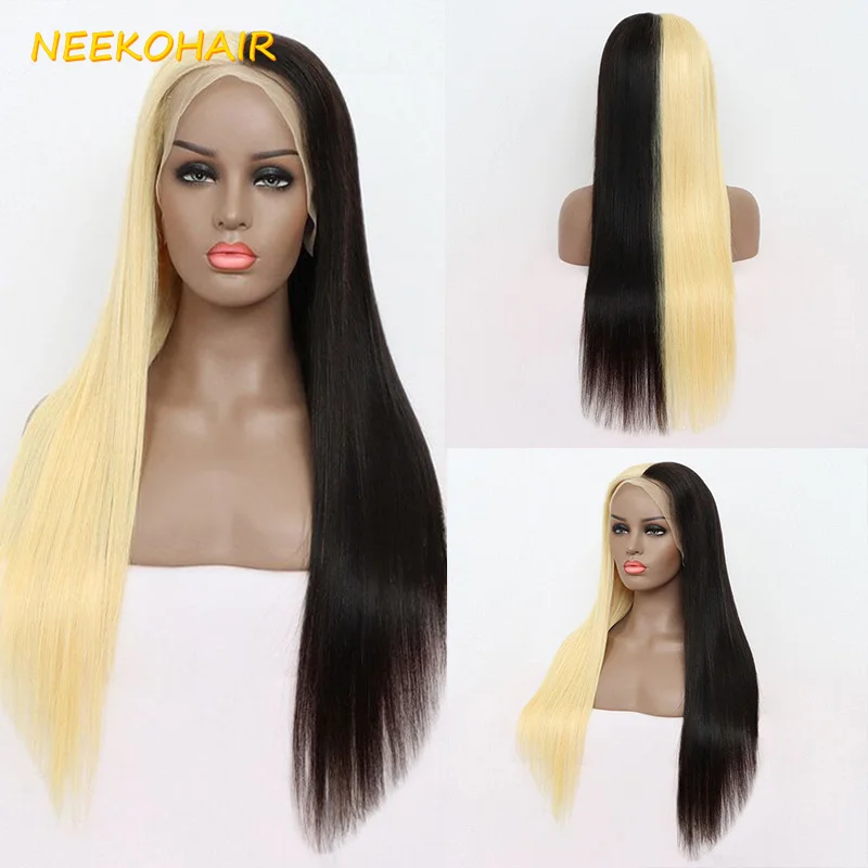 13x6 Lace Frontal Wig Half Black Half White Two Tone Cosplay Wig 28Inch Long Straight Bicolor Wigs Human Hair Wig For Women