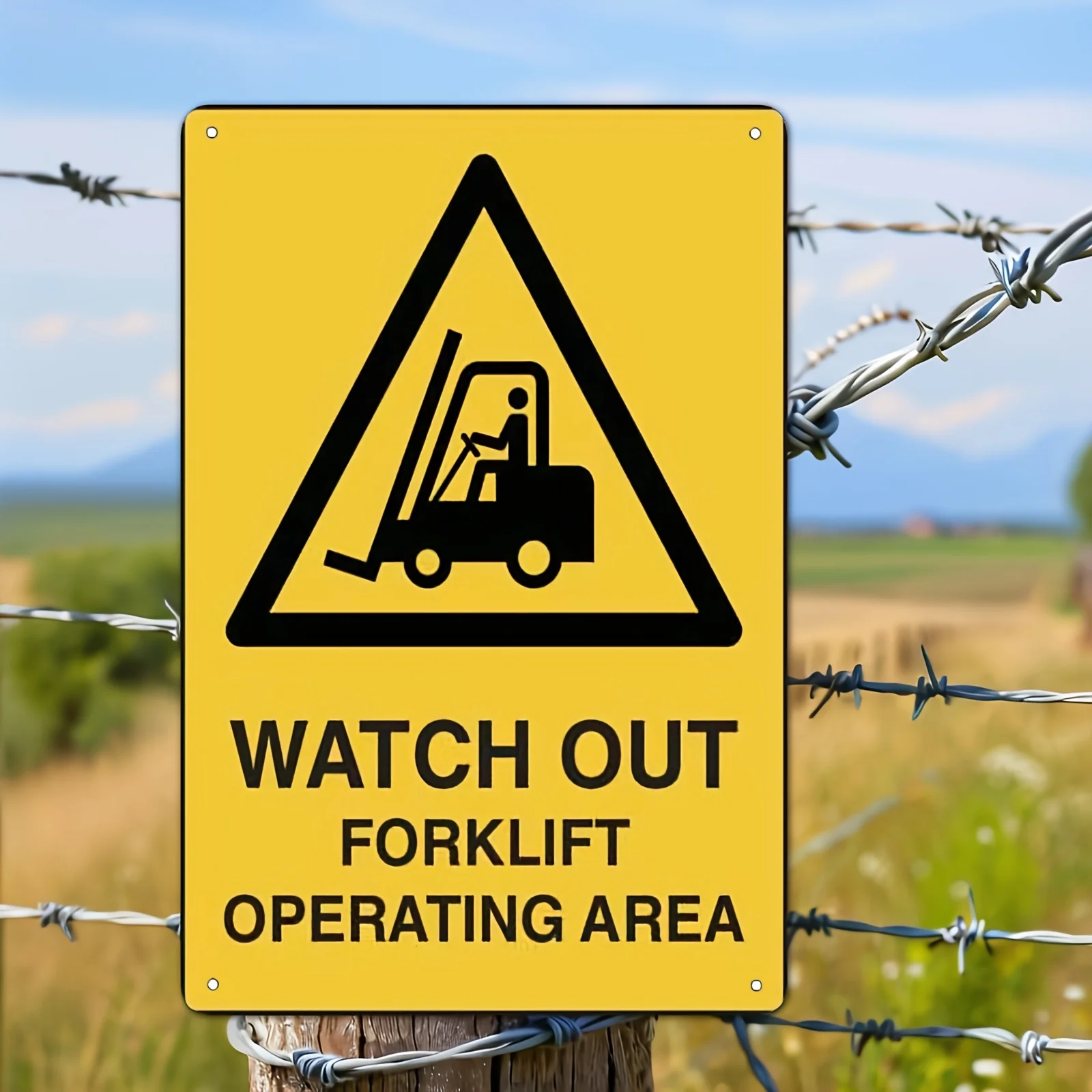 2D Metal Sign, 8x12 Inch Yellow Forklift Warning Plate, Black Graphic, Industrial Safety Decor, Outdoor Construction Barrier, Wa