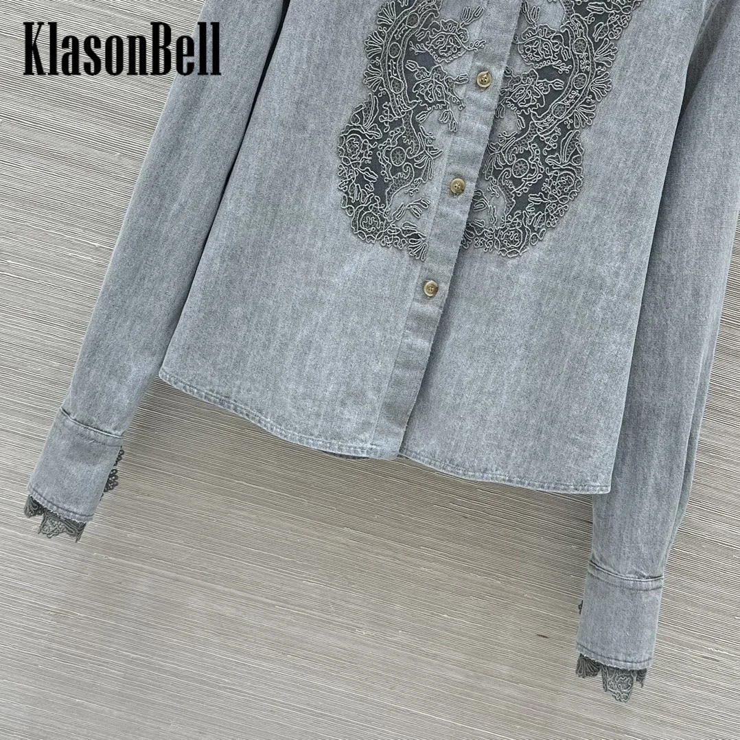 8.31 KlasonBell Women Lace Embroidery Spliced Denim Long Sleeve Shirt 2024 Autumn New Enzyme Wash Distressed All-matches Blouse