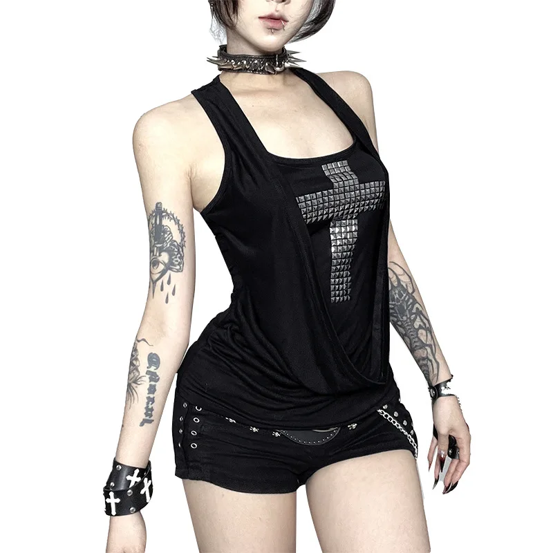 2026 New Women Sleeveless Tank Top Draped Cowl Neck Studded Cross Print Slim Fitted Black Camis Punk Y2K Grunge Streetwear Tops