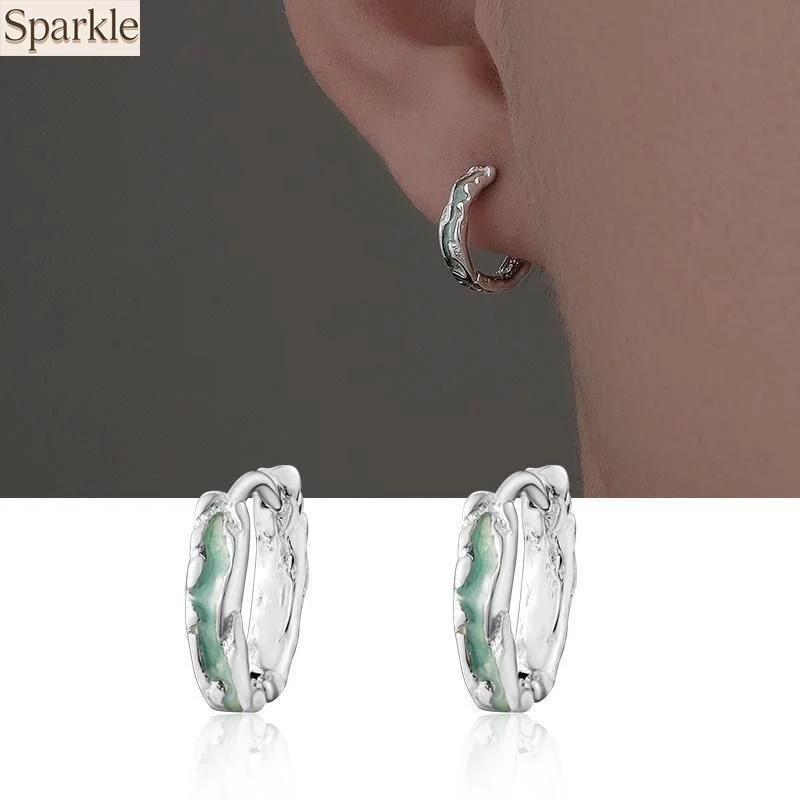

Irregular Texture Blue-Green Glazed Hoop Earrings Ins Minimalist Style Unique Design Stylish Edgy Stud Earrings Ear Jewelry Gift