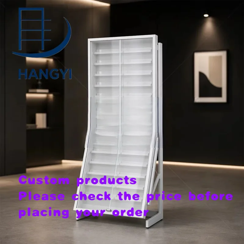 custom.Hangyi.freestanding Trading Card Display Rack With White Metal Frame Glass Panels Angled Lower Shelves Collectible Ca