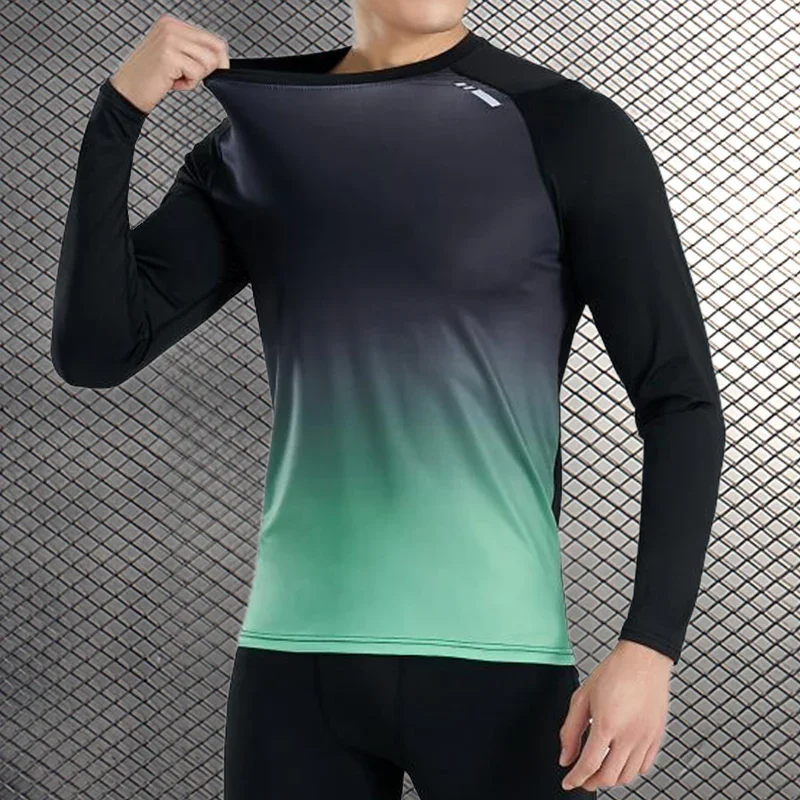 Camisa deportiva de manga larga para hombre, ropa superior de compresión de alta calidad con cuello redondo, para correr