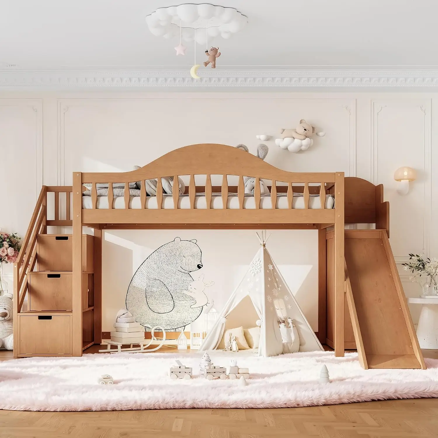 Twin Size Wood Loft Bed with Storage Stairs and Slide, Low Loft Bed Frame with High Guardrail and Built-in Wardrobe, Customized