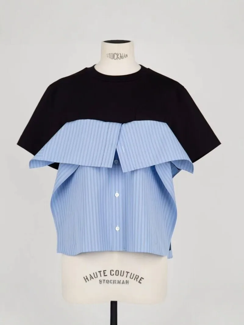 2026 Autumn New Color Block Fake Two-piece Short Sleeve T-shirt for Women, Stylish Striped Shirt Collar Loose Casual Top